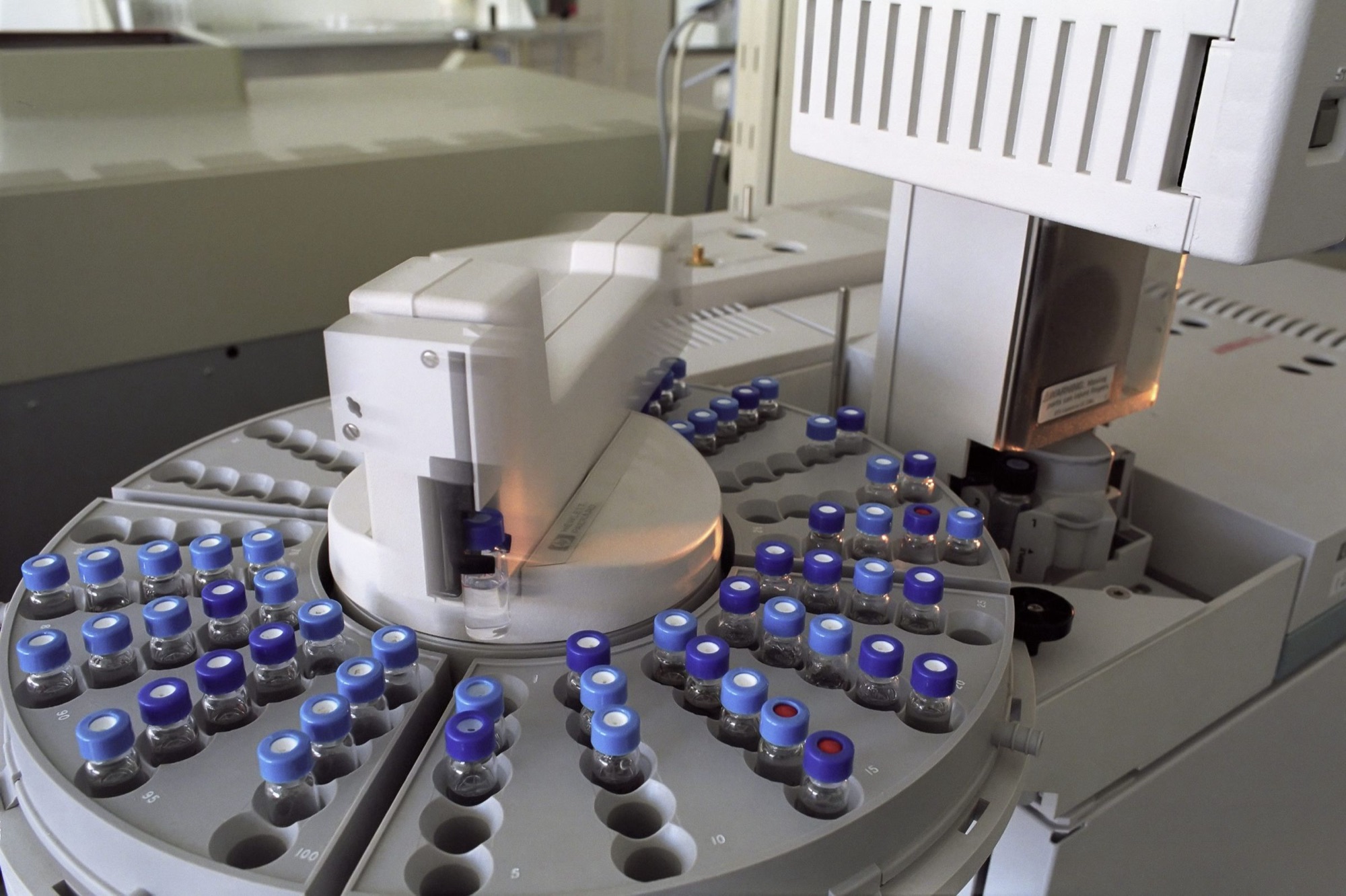 Autosampler tray loaded with capped sample vials
