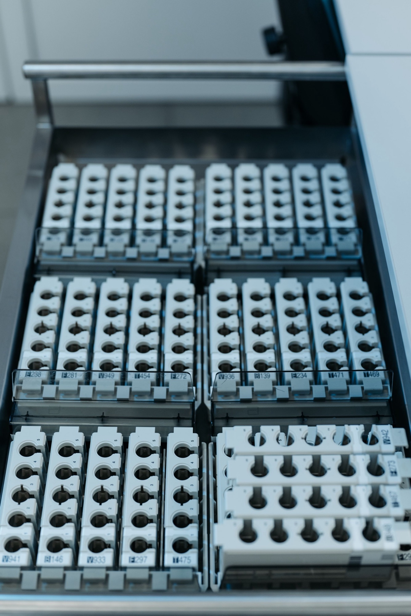 Sample racks loaded into an analytical instrument