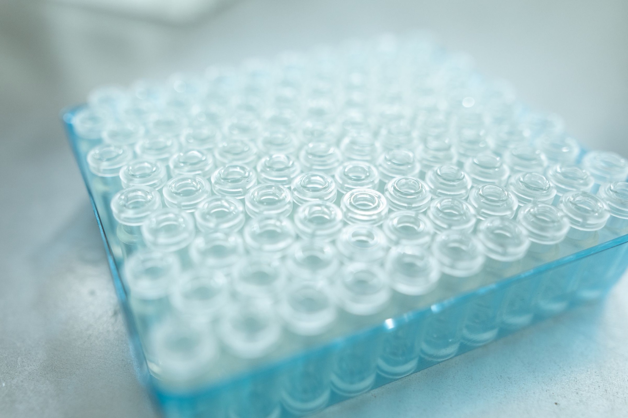 Tray of empty glass vials